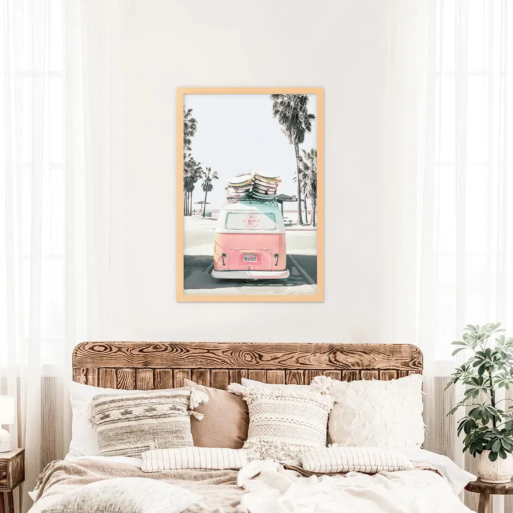 Pink Vintage Van Print. Tropical Summer Surfing Wall Art