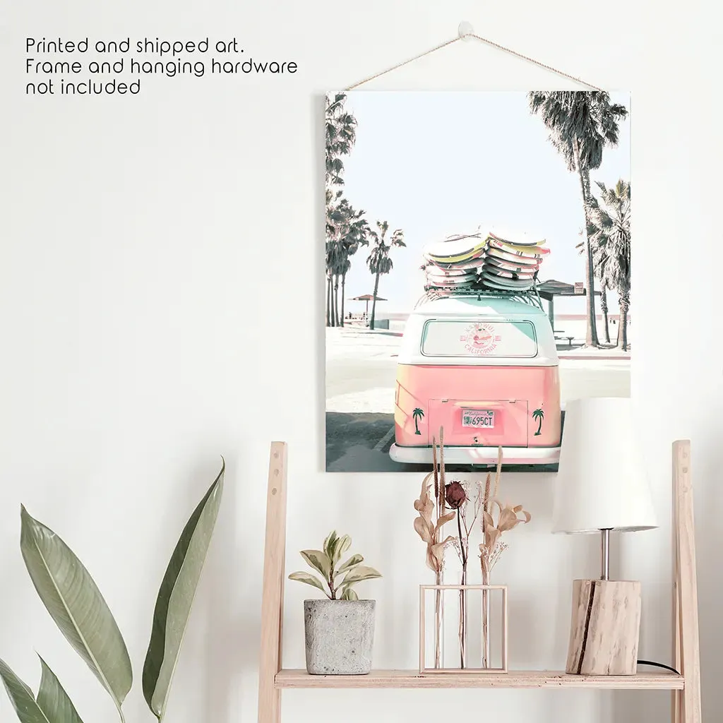 Pink Vintage Van Print. Tropical Summer Surfing Wall Art