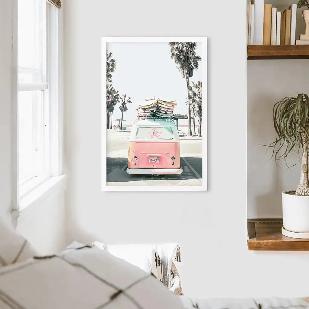 Pink Vintage Van Print. Tropical Summer Surfing Wall Art