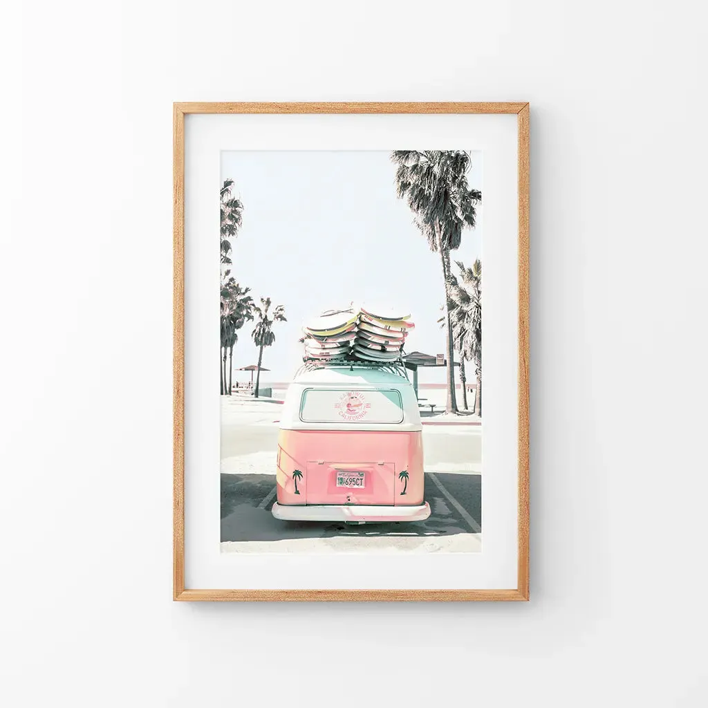 Pink Vintage Van Print. Tropical Summer Surfing Wall Art