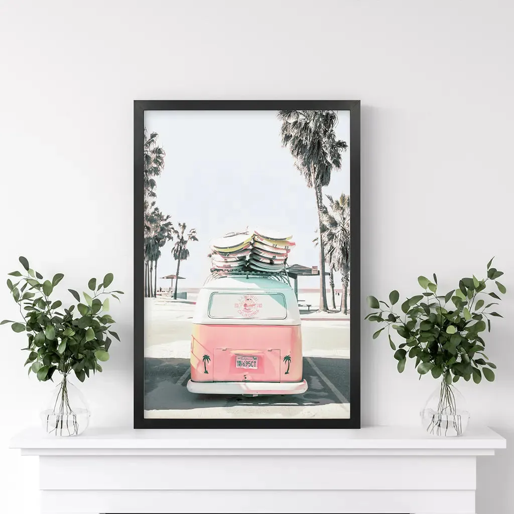 Pink Vintage Van Print. Tropical Summer Surfing Wall Art