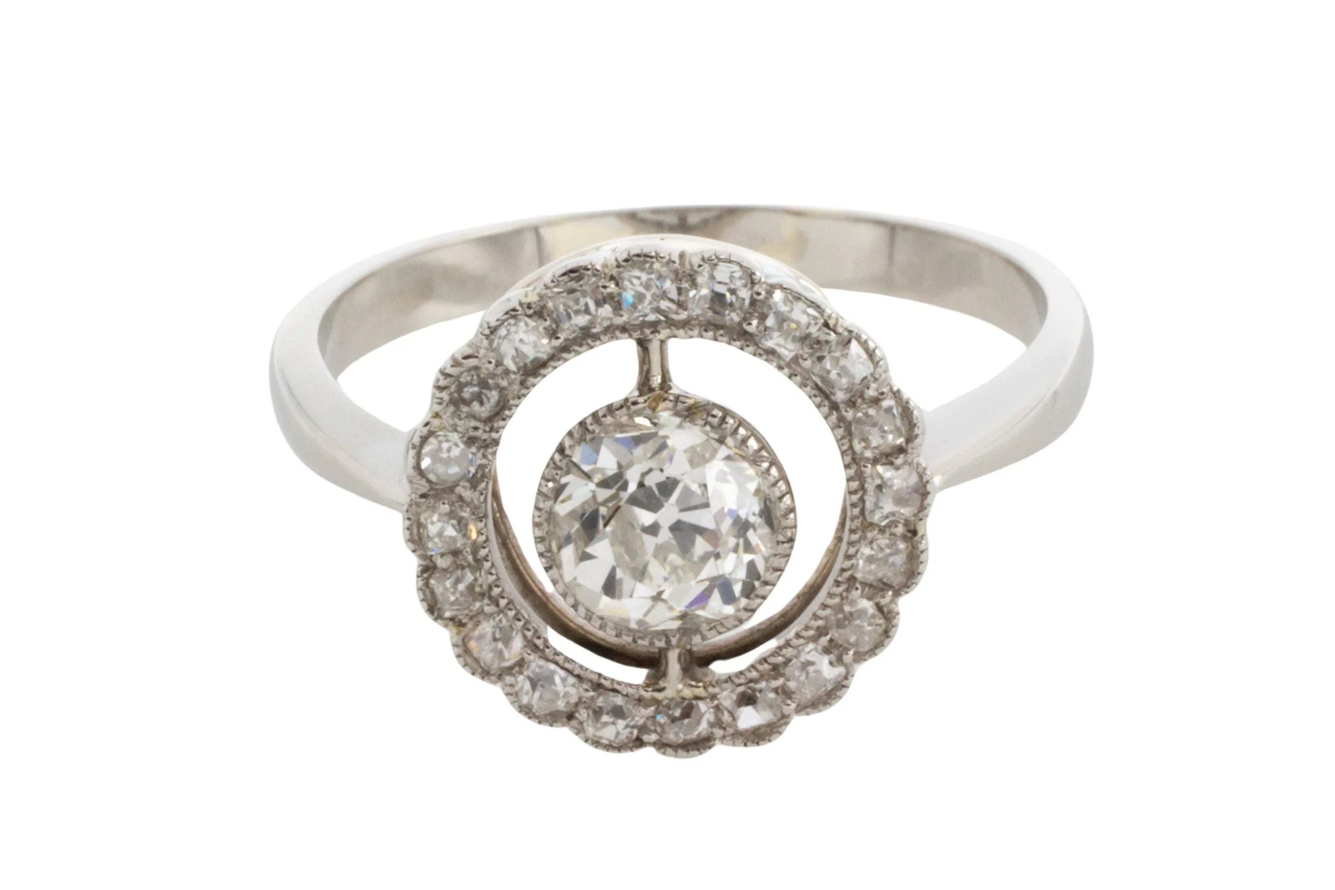 Platinum target ring with old cut diamonds