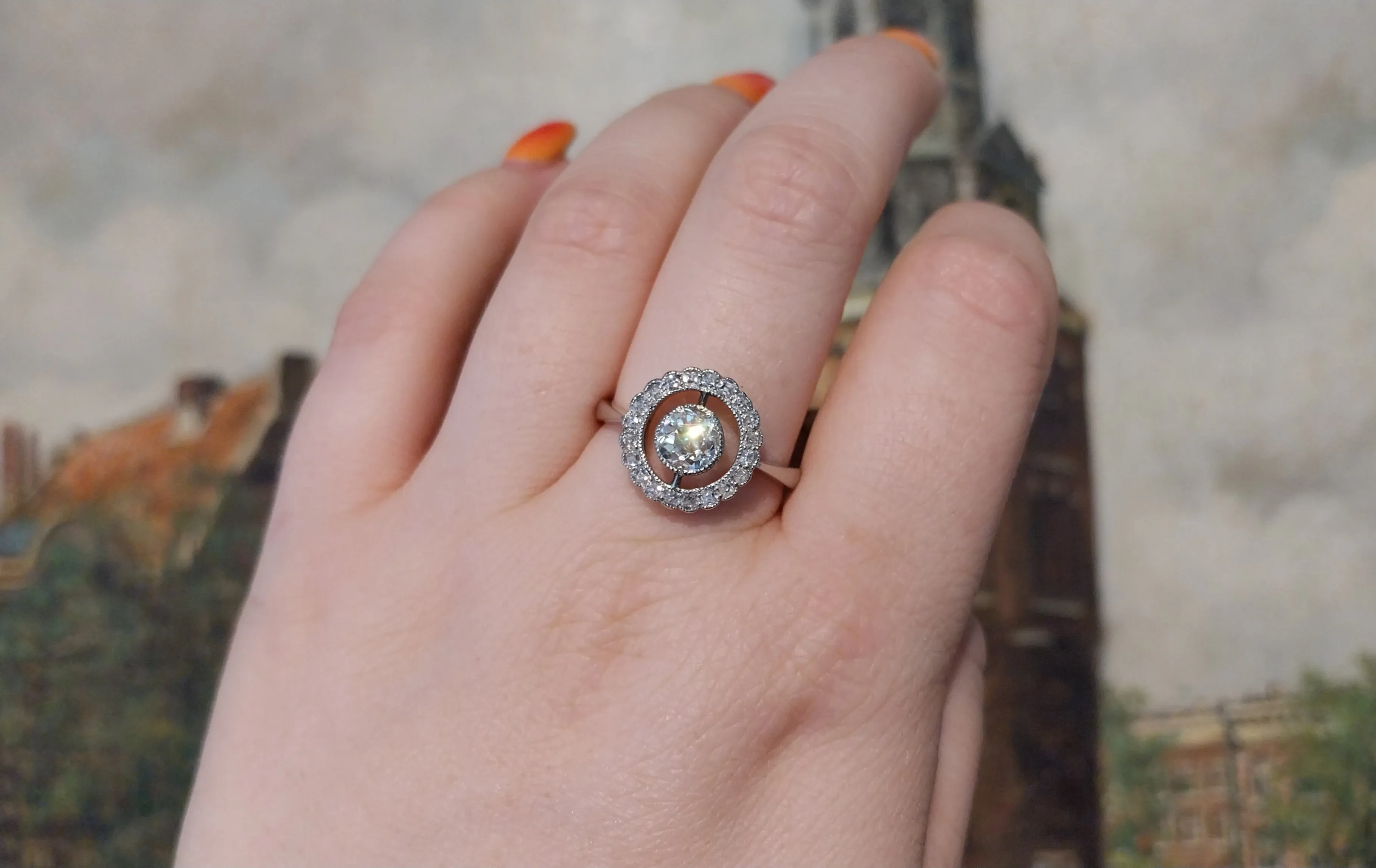 Platinum target ring with old cut diamonds