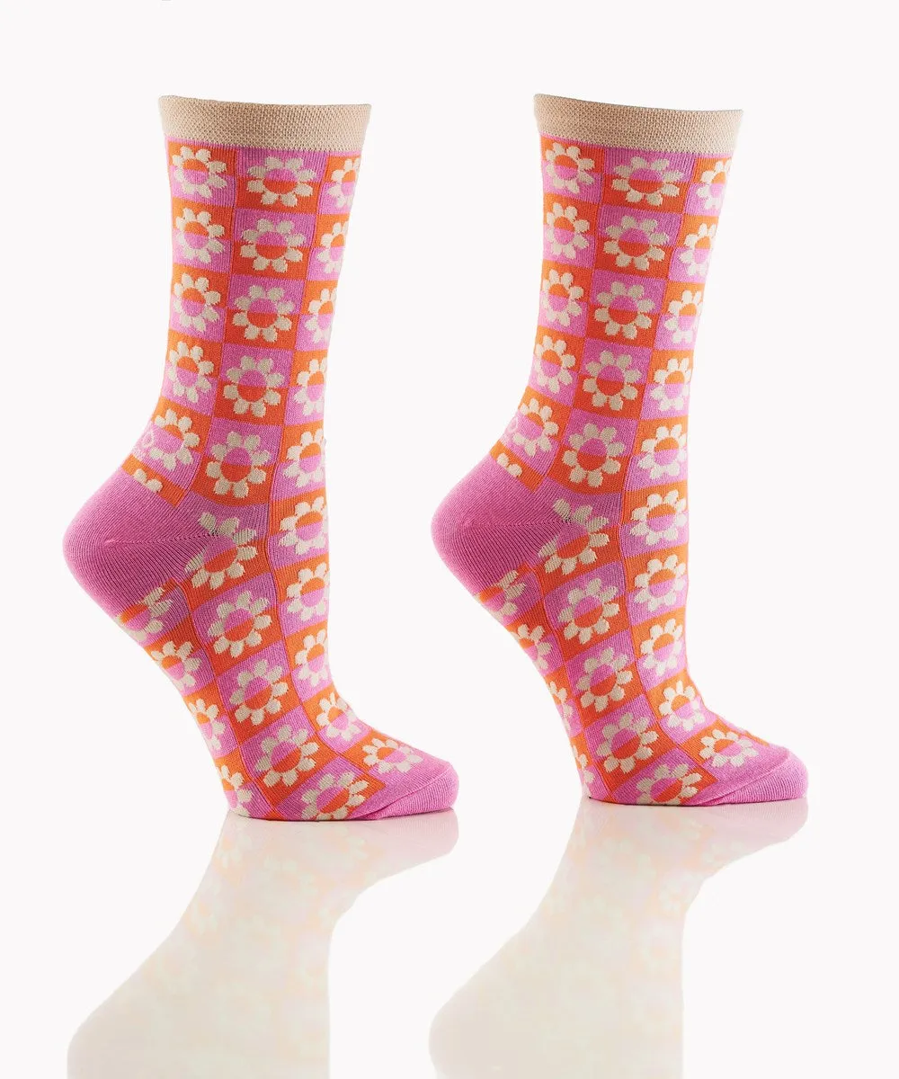 "Retro Floral" Cotton Dress Crew Socks by YO Sox -Medium