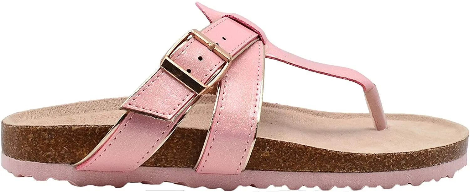 Rampage Girls Big Kid PU Shimmer Footbed Slide Sandal with Metallic Buckle Strap - Fashion Summer Shoes