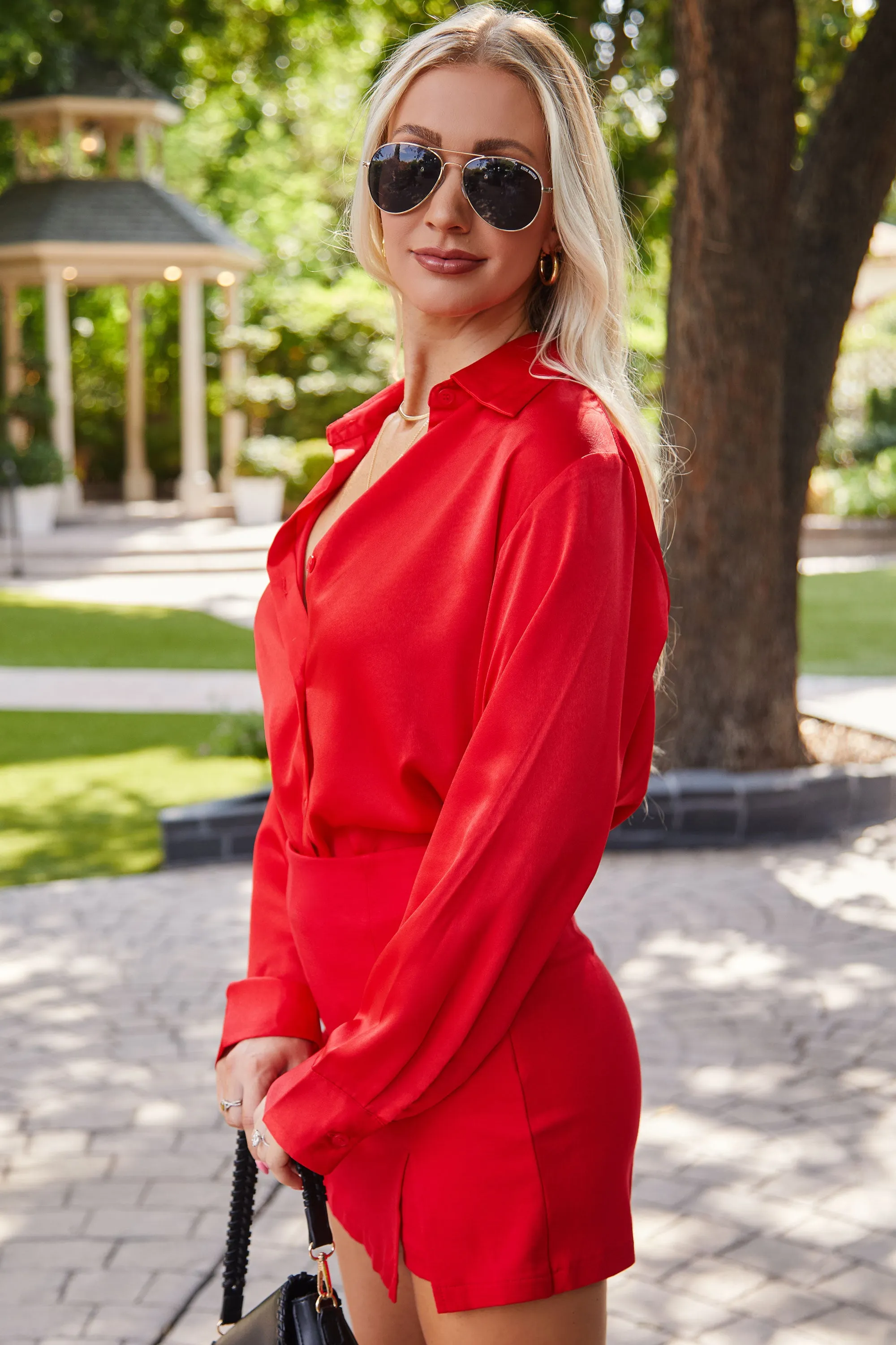 Spending Time Red Satin Button Down Top