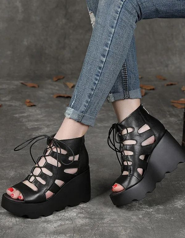 Summer Front Lace-up Fish-toe Wedge Sandals