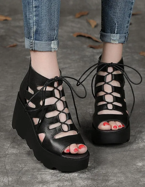 Summer Front Lace-up Fish-toe Wedge Sandals