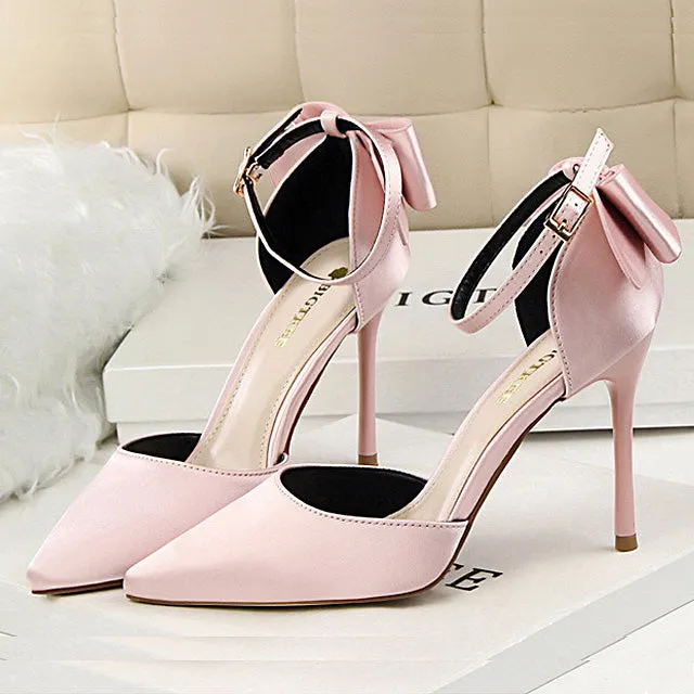 Sweet Women Pumps Beautiful High Shoes Fashion Women High Heel Sandals Pointed Toe Satin Bow Heeled Sandals