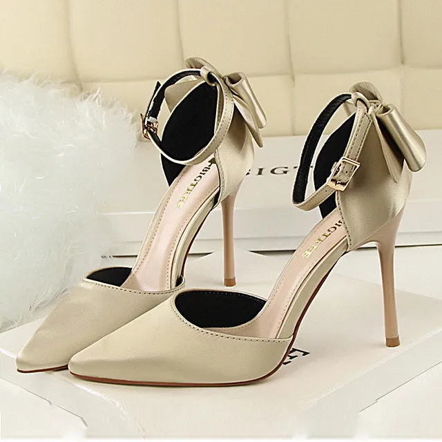 Sweet Women Pumps Beautiful High Shoes Fashion Women High Heel Sandals Pointed Toe Satin Bow Heeled Sandals