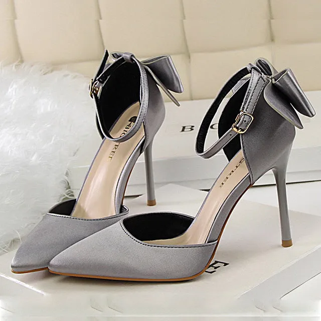 Sweet Women Pumps Beautiful High Shoes Fashion Women High Heel Sandals Pointed Toe Satin Bow Heeled Sandals