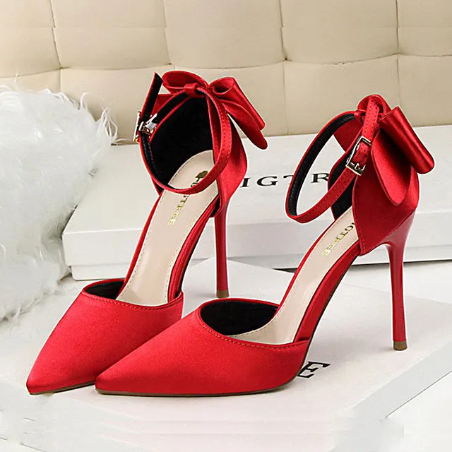 Sweet Women Pumps Beautiful High Shoes Fashion Women High Heel Sandals Pointed Toe Satin Bow Heeled Sandals