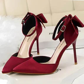 Sweet Women Pumps Beautiful High Shoes Fashion Women High Heel Sandals Pointed Toe Satin Bow Heeled Sandals