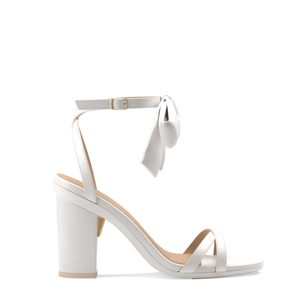 The Brynn White Satin Bow   Block Heel Kit 4 White