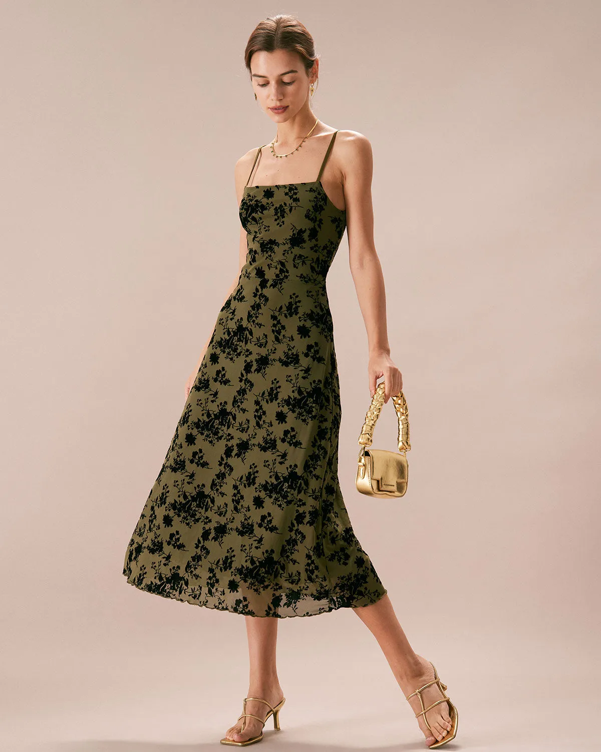 The Green Floral Burnout A-Line Slip Midi Dress