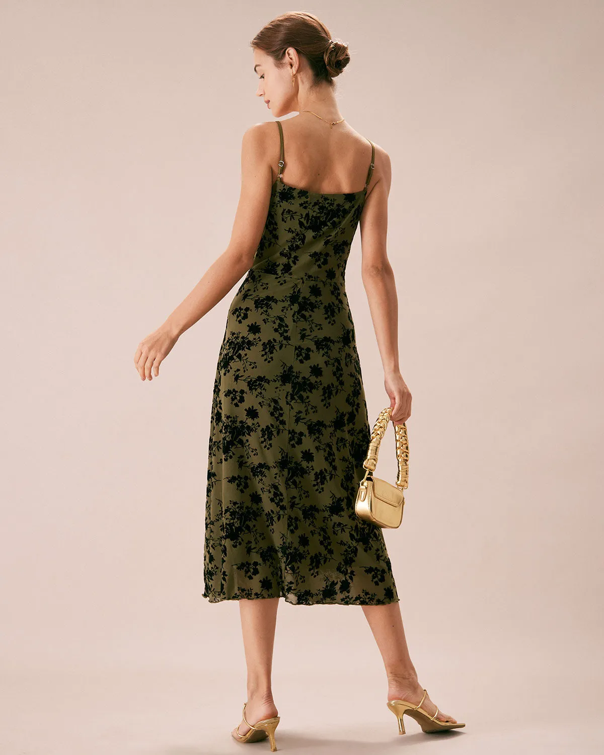 The Green Floral Burnout A-Line Slip Midi Dress