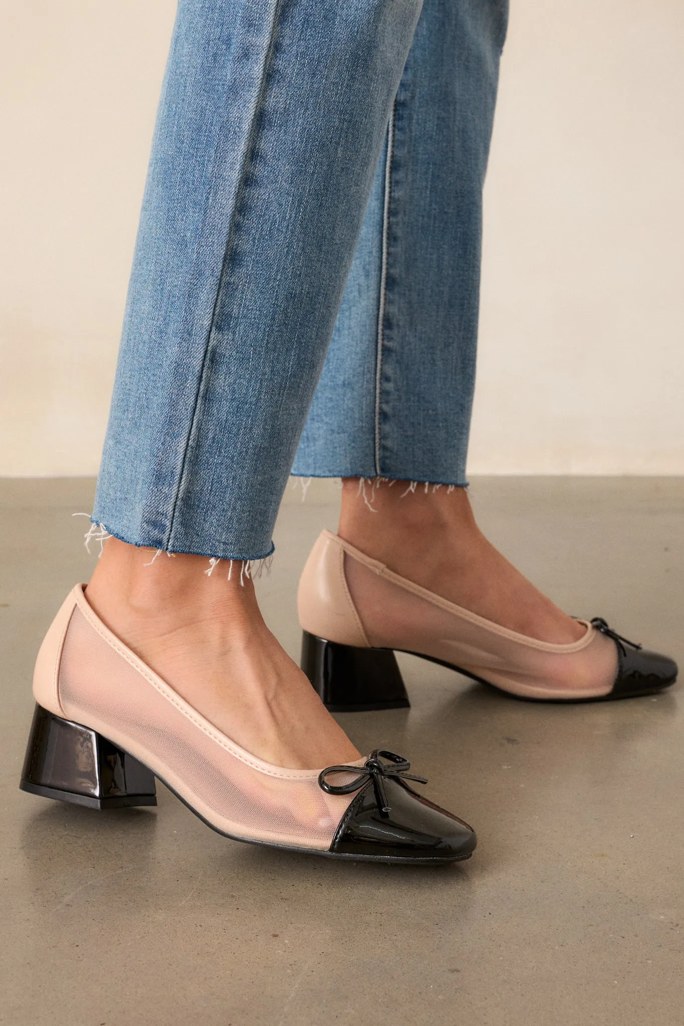 With Every Step Beige & Black Block Heel Ballet Pumps