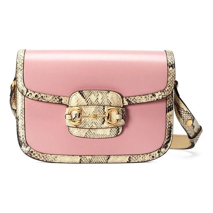 (WMNS) GUCCI Horsebit 1955 Retro Gold buckle snake pattern Colorblock Leather Shoulder Messenger Bag Small Pink / Beige 602204-18YMA-5567