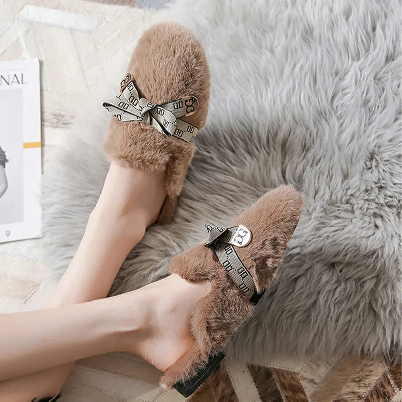 Women Fashion Bowknot Winter Furred Mules