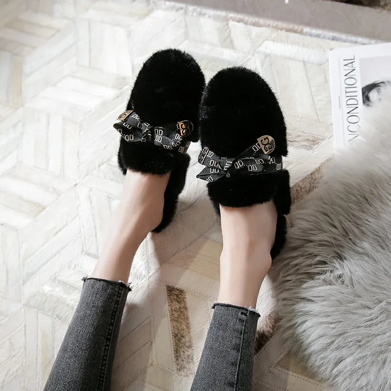 Women Fashion Bowknot Winter Furred Mules