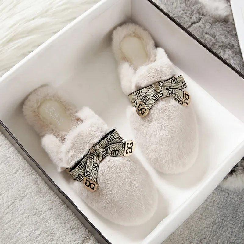 Women Fashion Bowknot Winter Furred Mules